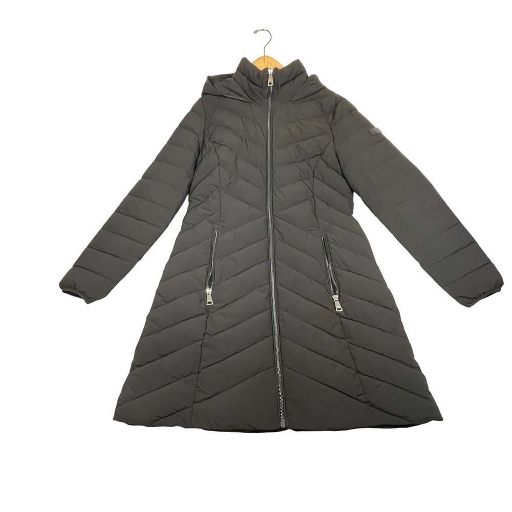 DKNY Womens Black Chevron Quilted Hooded Puffer Parka Coat Size M